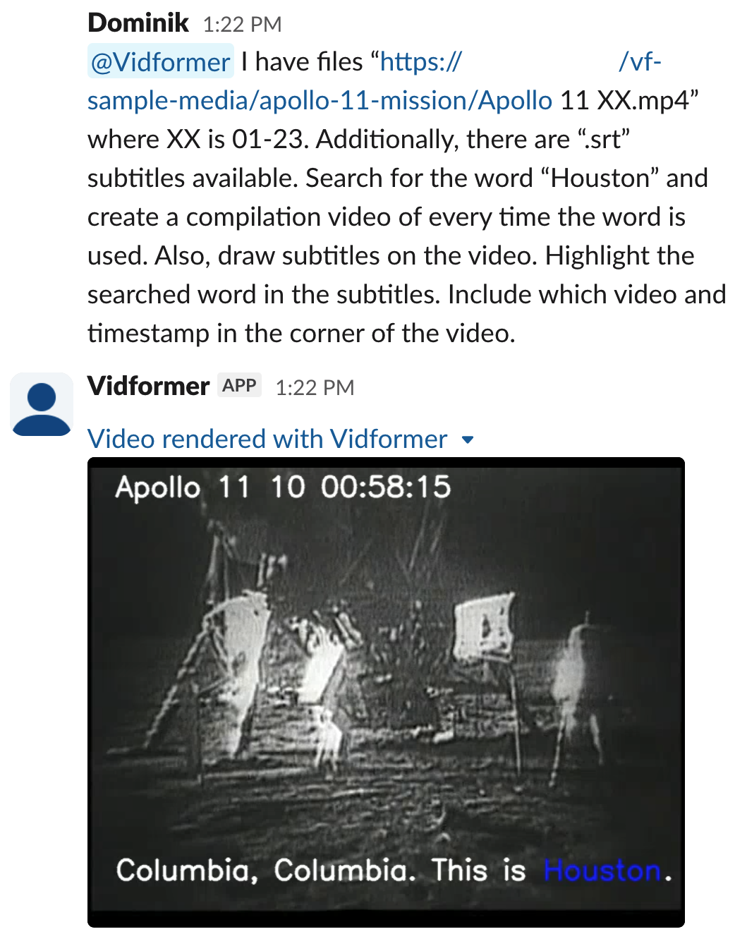 Slack bot demo showing conversational video querying with Apollo 11 footage